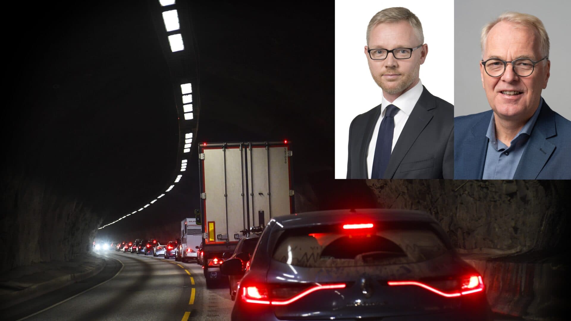 biler i kø i en tunell og portretter av Skancke og Grimsrud