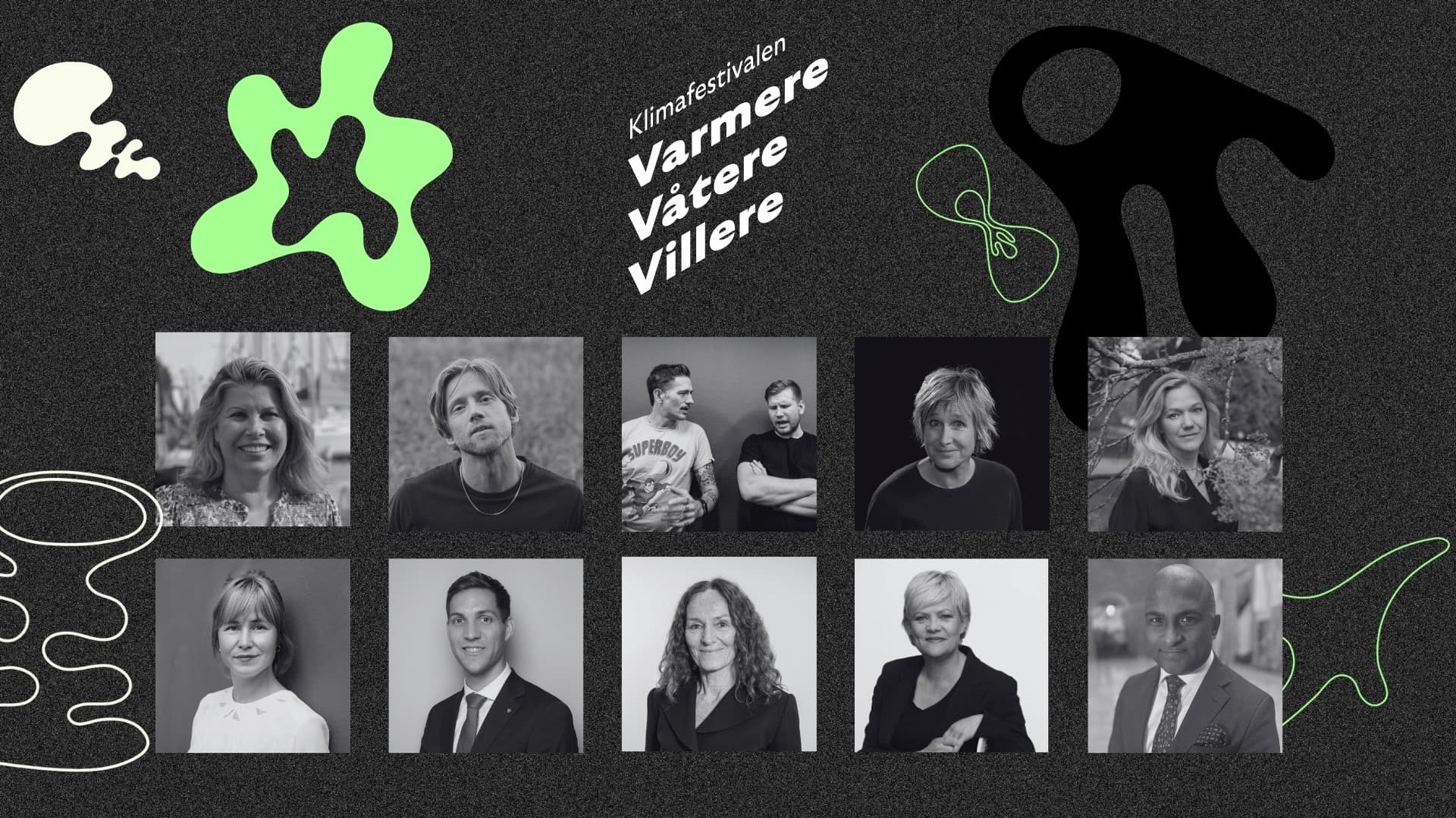 Reklameplakat for varmere våtere villere med bildere av flere av de prominente gjestene