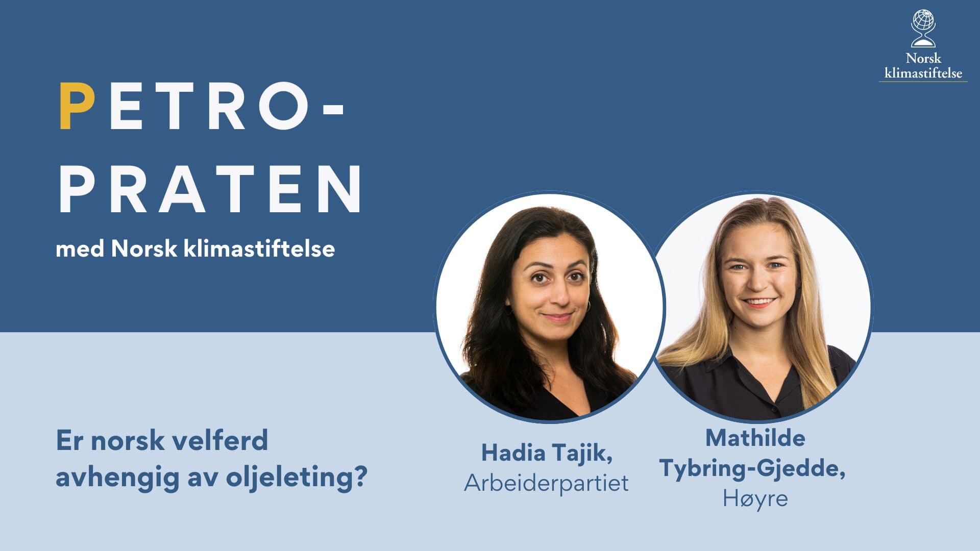 Kampanjebilde for "Petro-Praten" av Norsk klimastiftelse, med Hadia Tajik (Arbeiderpartiet) og Mathilde Tybring-Gjedde (Høyre) som diskuterer norsk velferds avhengighet av oljeleting.