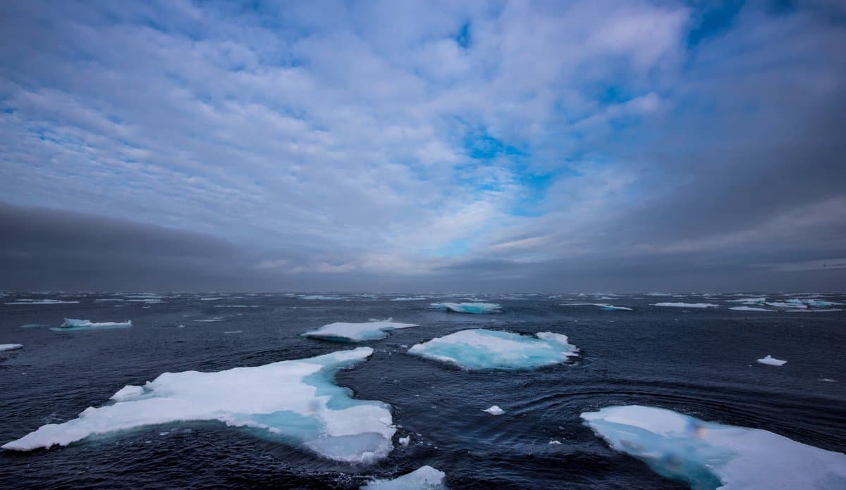 Flytende isflak og flekker av åpent vann under en overskyet himmel i et polart eller arktisk havmiljø.
