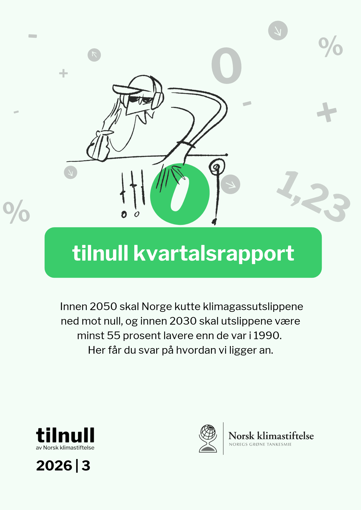 Forside til «tilnull kvartalsrapport» 2026/3 om Norges framdrift mot klimamålene for 2030 og 2050.